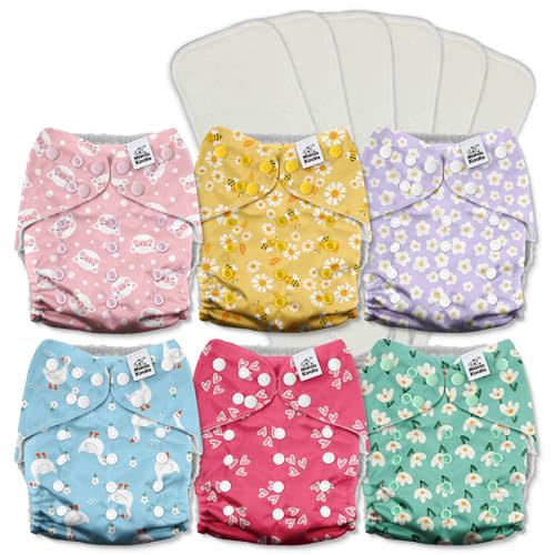 Mama Koala 3.0 Cloth Diapers for Babies with AWJ Lining, 6 Pack with 6 5-Layer Natural Cloth Diaper Inserts - Reusable and Washable Pocket Diapers(A-Flower Romance)