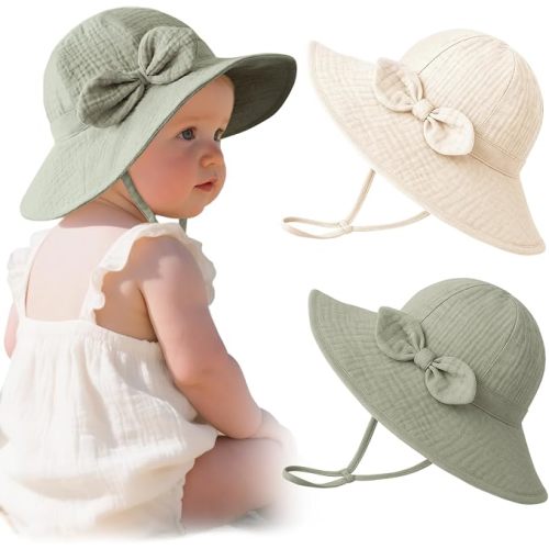 Konssy 2-Pack Muslin Baby Sun Hats for Girls with Bows, UPF 50+ | 100% Cotton, Sun Protection, Baby Bucket Hat, Adjustable Chin Strap, for Newborn &Infant, 0-6& 6-12 Months