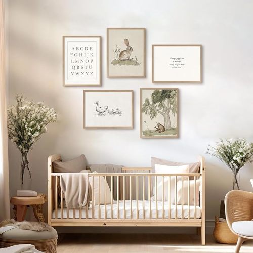 Vintage Nursery Wall Art Kids Canvas Prints Baby Boys Wall Decor Animal Pictures Bunny Poster Neutral Children Prints Duck Painting Woodland Bear Artwork for Farmhouse Bedroom 8x10 Inch Unframed