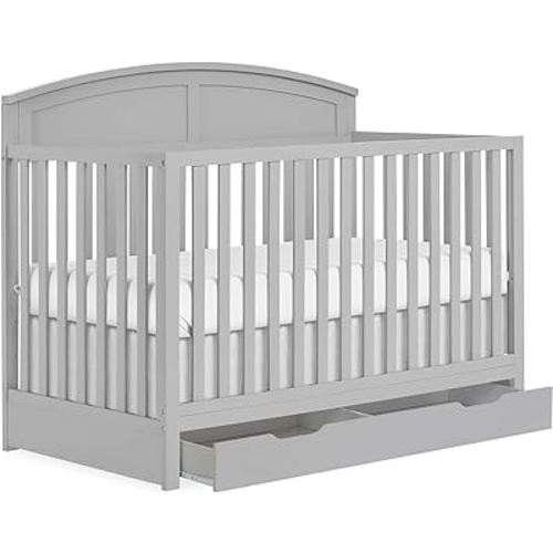 Dream On Me Storybrooke 5 in 1 Convertible Crib with Under Drawer in Pebble Grey, JPMA & Greenguard Gold Certified, Made of Sustainable Pinewood, Non-Toxic Water-Based Paint Finish