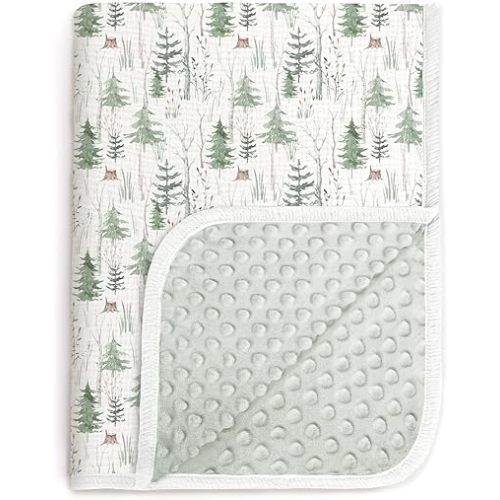 lulumoon Baby Blankets for Boys Newborn: Muslin & Minky Dotted Backing - Thermal Receiving Blanket for Stroller 30"x40"(Green Pine)