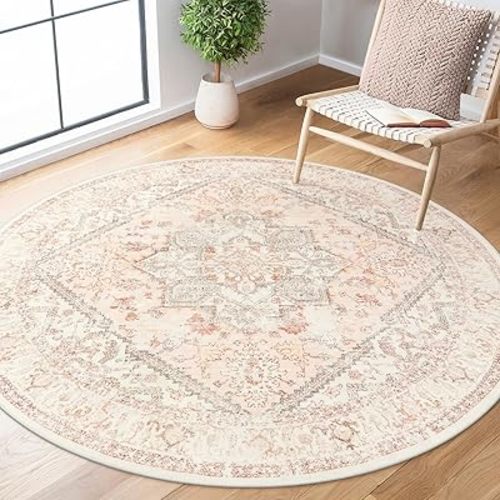 LIVEBOX Washable Pink Rug 5ft - Medallion Vintage Circle Rug for Bedroom? Low-Pile Tribal Print Carpet for Nursery Room, Non-Slid Distress Floral Circular Rug for Living Room Kid's Room Entryway