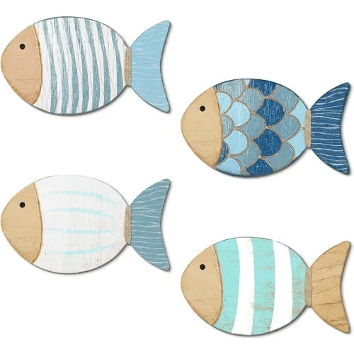 Putuo Decor 4 Pcs Wood Fish Wall Art, Nautical Beach Decor, Wooden Fish Hanging Sculptures, Blue (5.5 In)