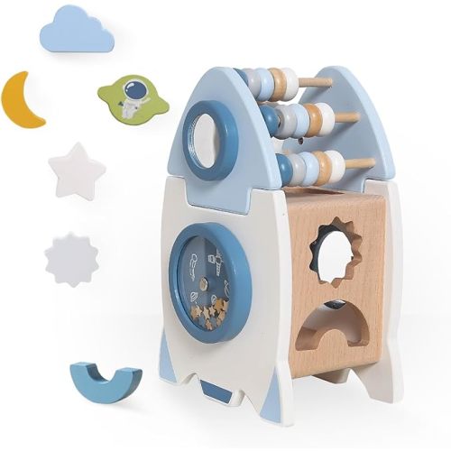 Wooden Space Toy for Baby 1 Year Old, Montessori Toys for Babies 12-18 Months, Toddler Rocket Toy Age 1-3, Sensory Activity Cube Learning Game, 1st Birthday Gift for Boys and Girls