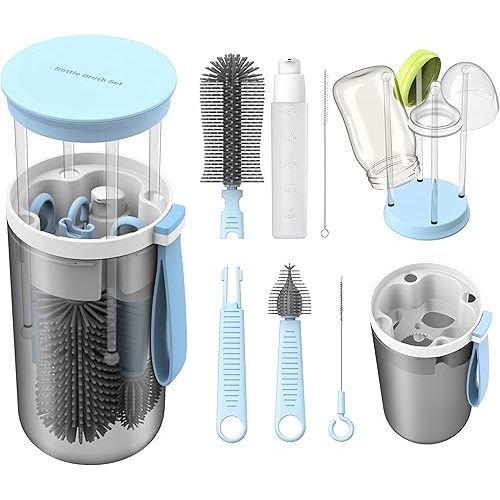 Baby Travel Essential Bottle Cleaner Kit with Silicone Bottle Brush,Built-in Snap-on Drying Rack,Silicone Nipple-Shaped Brush,2 Straw Brushes,Bottle Soap Dispenser,Bottle Warmer Bowl.(Blue)