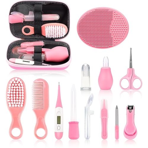 Baby Grooming and Healthcare Kit, Infant Safety Care Set with Hair Brush Comb Nail Clipper Nasal Aspirator,Baby Essentials Kit for Newborn Girls Boys (13 in 1, Pink)