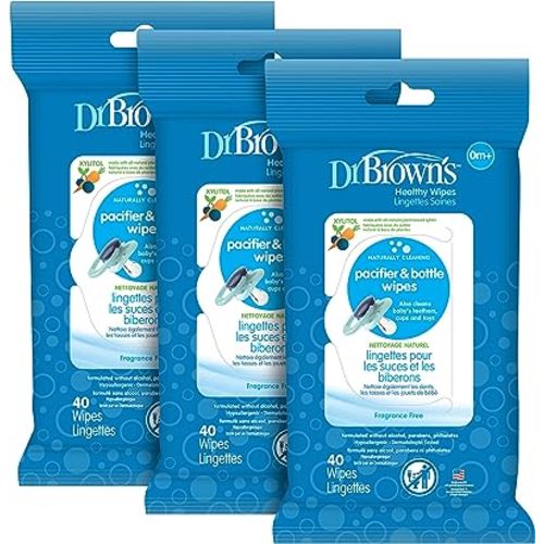 Dr. Brown's Bottle and Pacifier Healthy Wipes, Naturally Cleaning for Bottles and Baby Items, 40 Count, 3 Pack