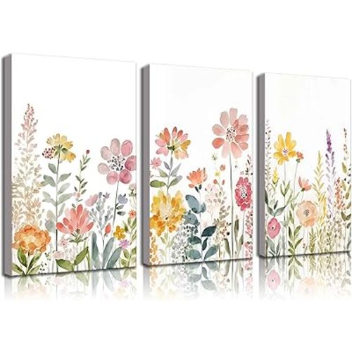 3Pcs Wildflower watercolor Bouquet Canvas Wall Art Boho Nursery Botanical Floral Wall Decor Pictures Forest Flower Posters Prints for Living Room Classroom Bedroom Decoration