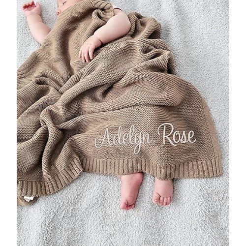 LOVELYPOD Personalized Baby Knit Blanket, Custom Embroidered with Name 30x40in Nursery Blanket Gifts for Newborn Baby Boy and Girl, Newborn Holiday Shower Gift, Cotton Knit Stroller