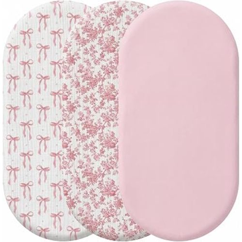 Peryiter 3 Pcs Muslin Pink Bow Floral Bedside Sleeper Bassinet Sheets for Baby Girl Soft and Breathable 100% Cotton Bassinet Baby Bed Sheets Fitted Coquette Bow Cover for 32''x 16'' Rectangle Mattress