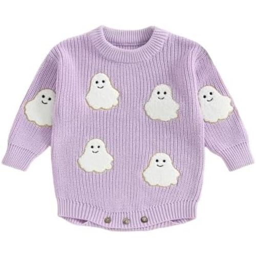 Infant Baby Girl Halloween Outfit Ghost Patch Knit Sweater Romper Long Sleeve Bodysuit Fall Winter Clothes