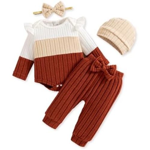 Mioglrie Newborn Baby Girl Clothes Infant Fall Outfits Color Block Pants Set Baby Clothes for Girls 0 3 6 9 12 18 Months