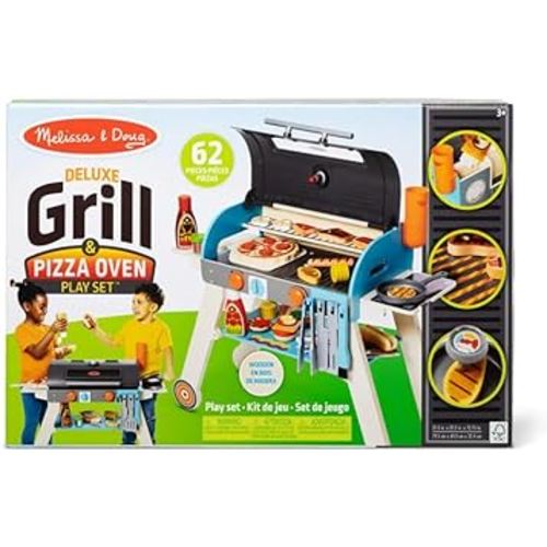 Melissa & Doug Wooden Deluxe Barbecue Grill, Smoker and Pizza Oven Play Food Toy for Pretend Play Cooking for Kids - FSC Certified