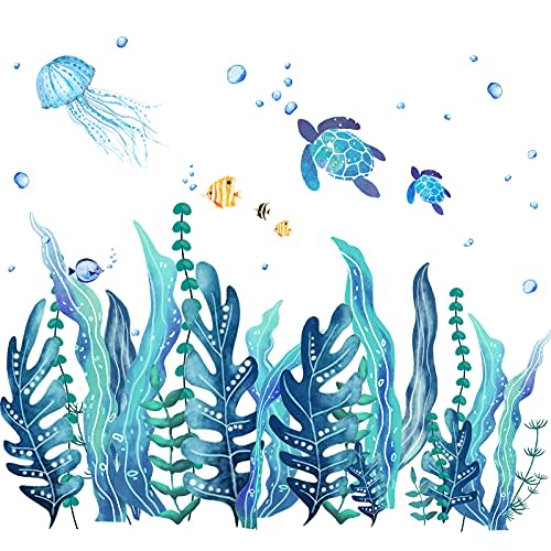 Tenare 5 Sheets Ocean Sea Turtle Wall Decals Stickers Under The Sea Stickers Grass Jellyfish Fish Removable Vinyl Decal for Bedroom Bathroom Nursery Room Wall Decor(Classic Style)