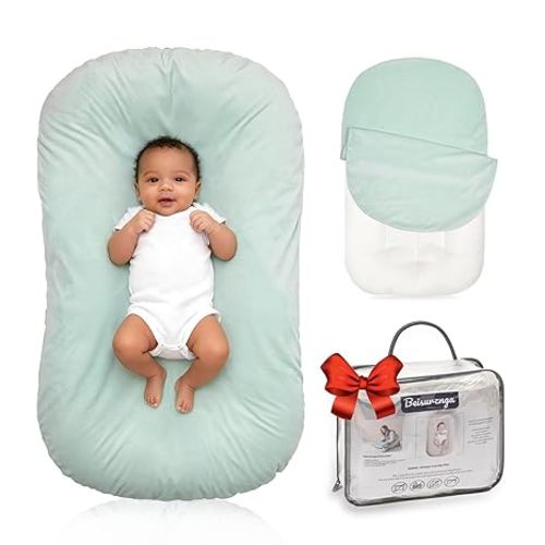Baby Lounger for Newborn - Snuggle Cozy Me Lounger | Breathable Soft Cotton, 0-24 Months Portable Playtime Baby Nest, Newborn Baby Essentials Gifts - Lake Green(1 Lounger + 1 Cover)