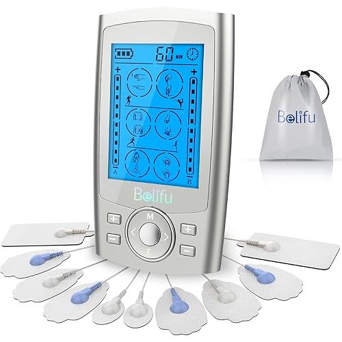 Belifu Dual Channel TENS EMS Unit 24 Modes Muscle Stimulator for Pain Relief Therapy, Electronic Pulse Massager Muscle Massager with 10 Pads, Dust-Proof Drawstring Storage Bag, Fastening Cable Ties