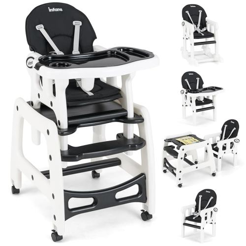INFANS 5 in 1 Baby High Chair, Convertible Toddler Table Chair Set, Rocking Chair, Multi-Function Seat with Lockable Universal Wheels, Adjustable Seat Back, Removable Trays (Black)