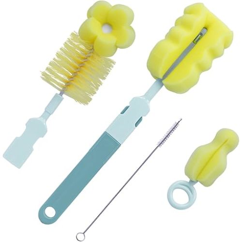 Bottle Brush Set - Baby Bottle Cleaner Kit with Sponge Brush, Nipple Brush, Straw Brush, 4 in 1 Bottle Cleaning Tool for Home and Travel, Green