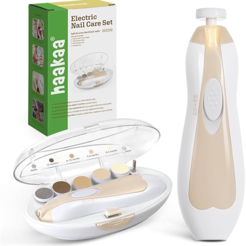 haakaa Baby Nail Care Electric Baby Nail File Kit with LED Light, Baby Nail Clippers for Newborn/Infants/Adults Toenails and Fingernails, 6 Replacement Heads & Storage Case, Acorn
