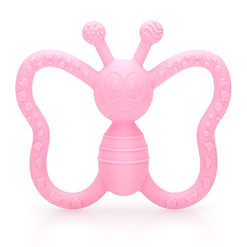 Baby Teething Toys, Butterfly Design Teether Pain Relief Toy for Newborn Babies, Freezer Safe Neutral Shower Gift, Soft Textured for Boy and Girl