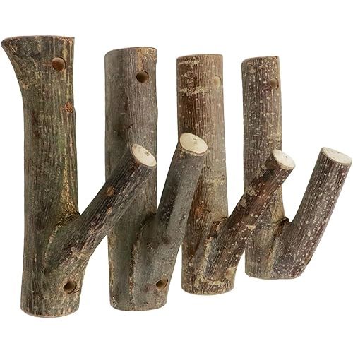 4Pcs Real Wood Tree Branch Wall Hook, Farmhouse Rustic Decorative Wooden with Bark Trunk Thickness 2cm-3cm with Screw