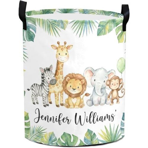 Personalized Safari Animals Laundry Hamper with Name for Kids Custom Canvas Storage Bin for Nursery Shower Gift Boys Girls Large Toy Organizer