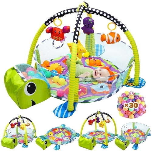 JoyStone 4 in 1 Turtle Baby Play Gym Activity Mat with 30 Balls, 4 Detachable Sound Toys, Baby Sensory Mat for for Toddler Infant, Newborn Gift for Boys and Girls, Green