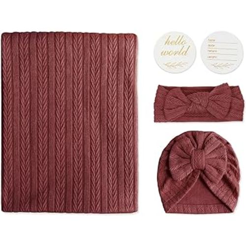 Baby Blankets,5PCS Security Blanket for Babies - Swaddle Adjustable Wearable Blanket, 5pcs Newborn Accessories Set with Hello World Wooden Birth Announcement Card, Baby Blankets for Boys&Girls (Red)