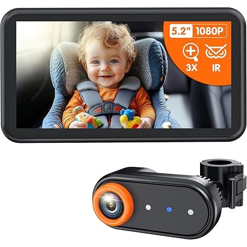 BM2A Baby Car Camera, Night Vision & 5.2" 1080P Display for Rear-Facing Car Seats, Easy No-Damage Install, Patented Anti-Shake Mount – Ideal for Parents and Pet Owners