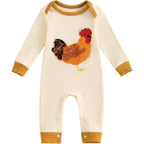Tsnbre Newborn Boy Girl Outfits Rib Knit Romper Long Sleeve Farm Chicken Bodysuit 0 3 6 9 12 Months Netural Baby Clothes
