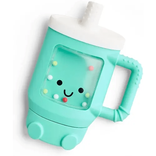 Itzy Ritzy Silicone Rattle Teether– BPA-Free Silicone Teether with Rattle for Babies & Toddlers – Features a Gentle Rattle Sound, Colorful Beads & Multiple Textures (Travel Cup)