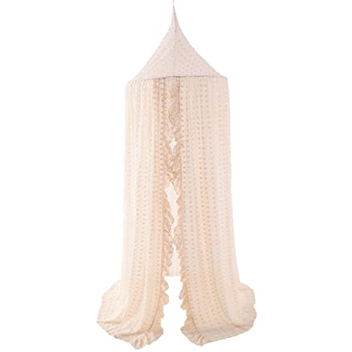 Kids Bed Canopy for Girls, Beige Crib Canopy Princess Hanging Children Canopy Tent, Toddler Girl Canopy Bed Netting for Baby Room Bedroom Reading Nook, Macrame Lace Boho Nursery Canopy with Pom Pom