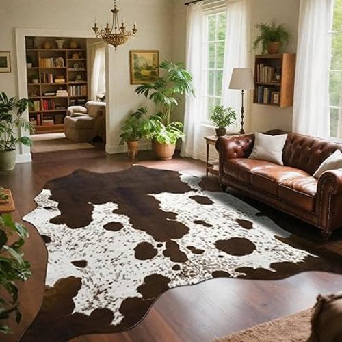 DweIke Faux Cowhide Rug 4.6 x 5.2 Feet, Premium and Durable Large Cow Print Rugs, Western Cow Hide Carpet for Bedroom Living Room, Faux Fur Animal Skin Rug for Home Decor, Brown