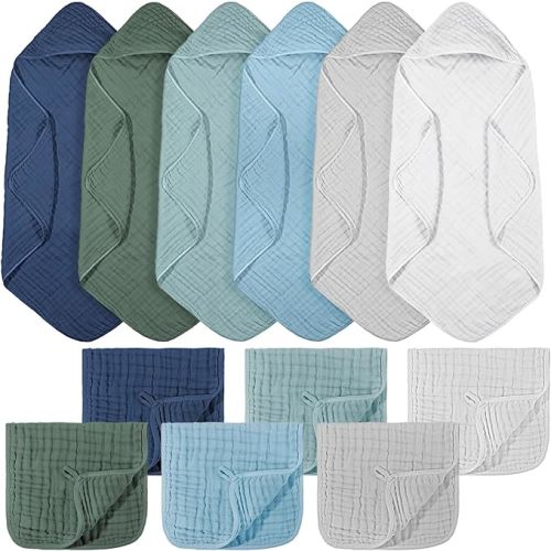VitalCozy 12 Pcs Baby Muslin Hooded Bath Towels and Washcloths, Muslin Hooded Baby Towels Absorbent Blankets for Gift Newborn Infant Shower (Green Blue Gray,32 x 32 Inch)