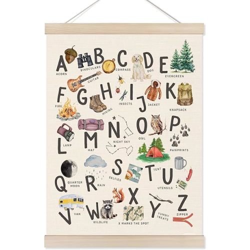 Koesus Camping Alphabet Nursery Wall Art Poster Hanger Frame 12x16 Inch, Camper RV Decor, ABC Educational Learning Canvas Pictures Prints Framed Wall Decor for Kids Room Nursery Preschool Classroom