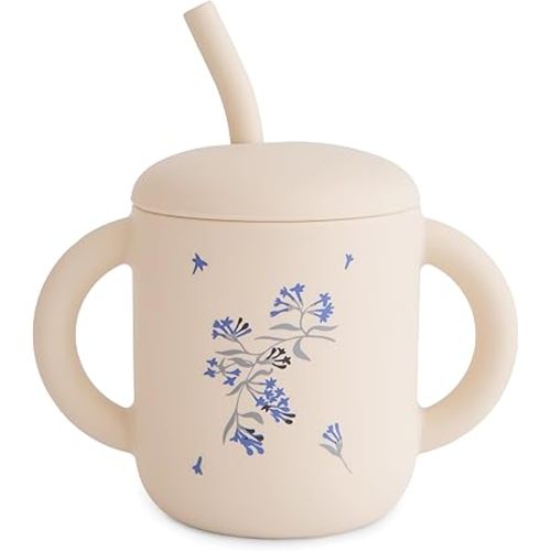 mushie 100% Silicone Training Cup & Straw for Toddlers | 6 Months+ (Lilac Flowers)