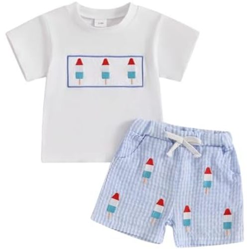 Toddler Baby Boy 4th of July Outfits American Flag T-Shirt Tops Plaid Shorts Set Fourth of July Boys Clothes