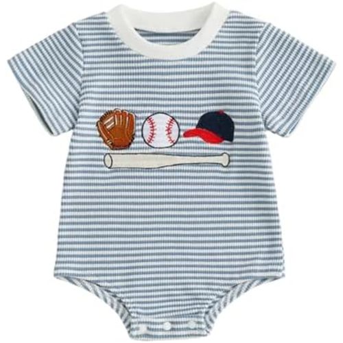 Infant Baby Boy Girl Baseball Outfit Embroidery Stripe Short Sleeve Bubble Romper Waffle Knit Bodysuit Summer Clothes