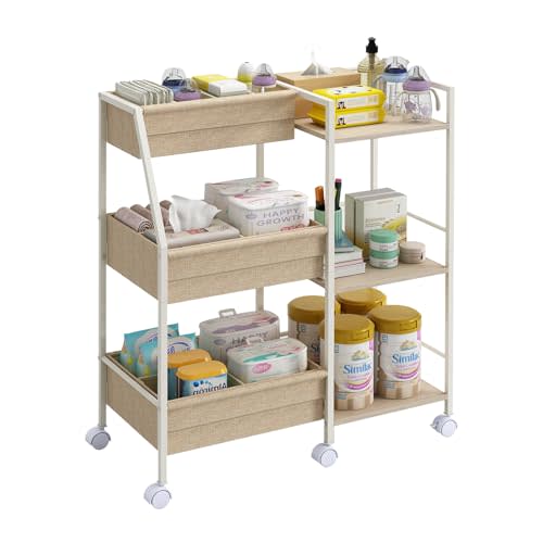 Marbyraz Baby Diaper Caddy Organizer Cart, 3-Tier Rolling Wheels Cart with Dividers and Shelves, Bedside Utility Cart for Nursery Essentials, Large Capacity Mobile Storage Cart for Crib, Bedroom