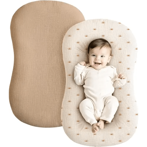 Konssy Muslin Baby Lounger Cover 2 Pack, 100% Cotton Newborn Lounger Cover, Soft and Breathable Baby Nest Slipcover for Boys Girls (Camel,Sun)