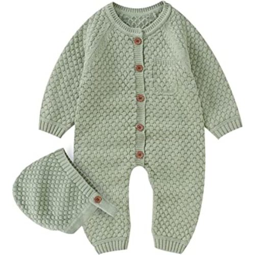 mimixiong Cotton Baby Romper Newborn Baby Knitted Clothes Longsleeve Sweater Outfit for Boy and Girls with Warm Hat Set