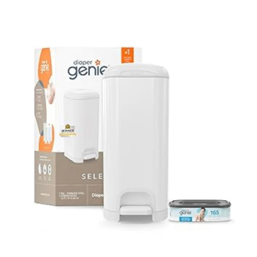 Diaper Genie Select Pail is Made of Durable Stainless Steel and Includes 1 Starter Square Refill That can Hold up to 165 Newborn-Sized Diapers.