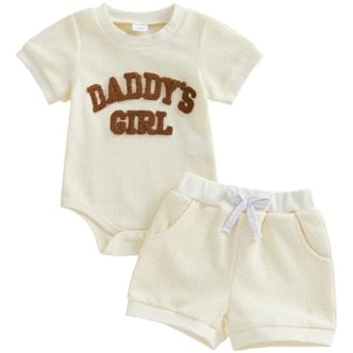 Mamas Boy Newbron Outfit Daddys Girl Baby Clothes 2Pcs Summer Outfits Short Sleeve Letter Romper and Waffle Shorts Set