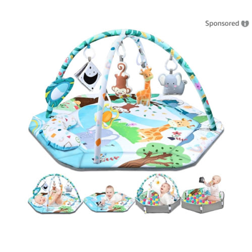 Baby Gym Play Mat, 8-in-1 Tummy Time Mat & Ball Pit with 6 Toys, Washable Baby Activity Play Mat for Visual, Hearing, Sensory, Motor Development, Baby Toys Gift for Toddler Infant 0-3-6-9-12 Months