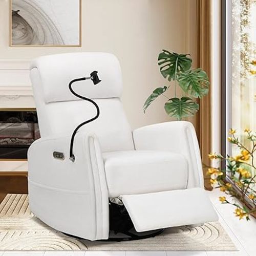 COLAMY Power Recliner Chair Swivel Glider Rocker for Nursery, Upholstered Fabric Living Room Rocking Reclining Single Sofa Chair with 2 Device Holders, White