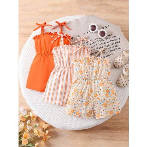 SHEIN 3pcs/Set Baby Girls' Lovely Summer Ditsy Floral & Striped Print Knitted Camisole Romper Set | SHEIN USA