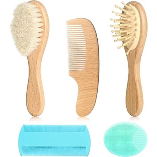 Goat Baby Hair Brush Set, Wooden Comb Massage Scalp Comb, Safe Natural Hair Care Kit, Soft Silicone Bath Brush for Newborns Toddlers (Brush Set+ Green Massager)
