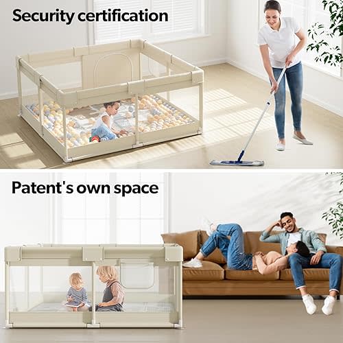 Fodoss Baby Playpen with Mat, Small Baby Play Pen(47x47inch), Playpen for Babies and Toddler (47×47inch Beige with mat)