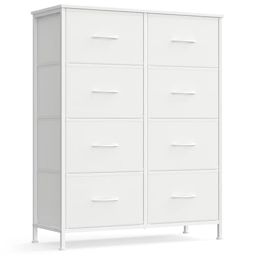 SONGMICS Dresser for Bedroom, Chest of Drawers, Steel, MDF, 8 Non-Woven Fabric Drawers, Storage Organizer Unit, Closet, Entryway, Cloud White and Snow White ULGS124W01S