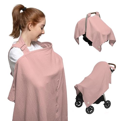 Muslin Nursing Cover for Breastfeeding & Baby Car Seat Cover - Breathable Breastfeeding Cover up With Rigid Hoop - 100% Cotton Privacy Apron Breast Feeding Covers For Women (Blush)